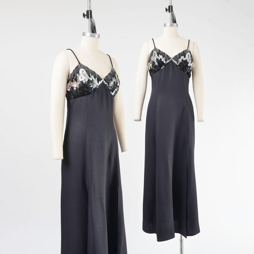 Vintage 90s Black Sequin Maxi Dress Metallic Silver Beaded Formal Evening M